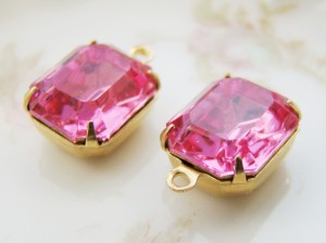 Vintage 12x10mm Glass Octagon Rose Pink Stones Drops Brass Settings