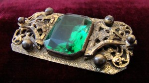 art deco bronze emerald brooch floral